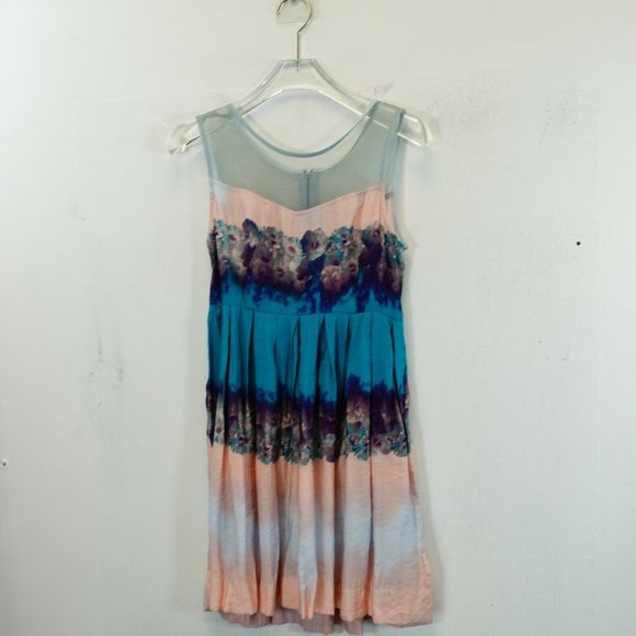 UO KIMCHI‎ BLUE Dress Peach Blue Mini 0 XS Illusion Neckline Boho Tie Dye Floral - Picture 1 of 10